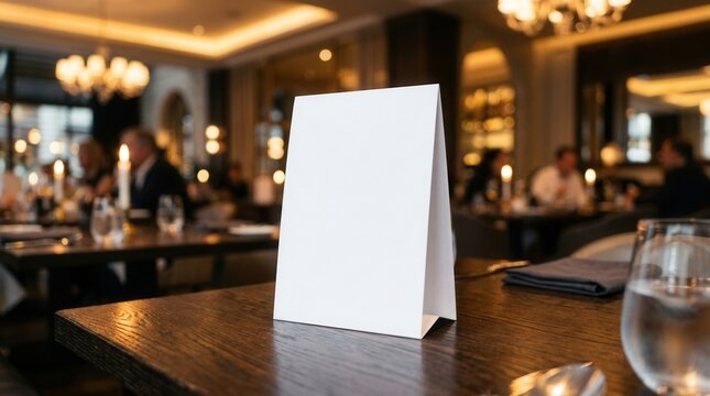 Blank white menu tent card mockup standing on a wooden table.