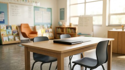 Fototapeta premium Empty classroom table with two chairs and a folder ready for a parent conference.
