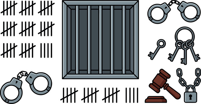 Prison Jail Window and Justice Vector Set with Handcuffs, Tally Marks, Keys, Gavel, and Padlock