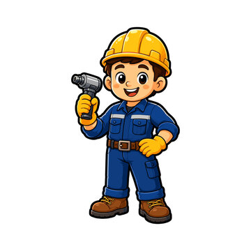 Illustration of construction worker holding a hammer for building, carpentry and repair service concepts