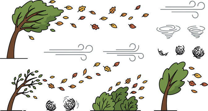 Strong Wind and Autumn Storm Vector Set with Blowing Trees, Flying Leaves, Bush, and Tumbleweeds