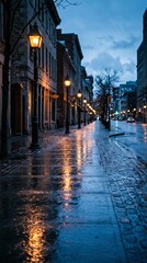 Naklejka premium Wet cobblestone street lined with old buildings and glowing streetlights reflecting on the rainy pavement at dusk.