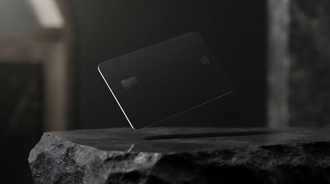 Floating black credit card mockup with nfc chip and contactless payment symbol on dark textured stone surface isolated on a transparent background