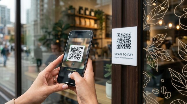 Man scanning a QR code for digital e-wallet payment using a smartphone.