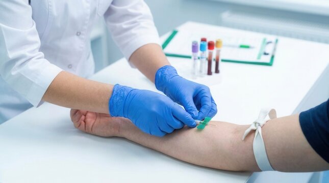 Female phlebotomist in blue gloves preparing a patient for a blood draw in a modern healthcare clinic.