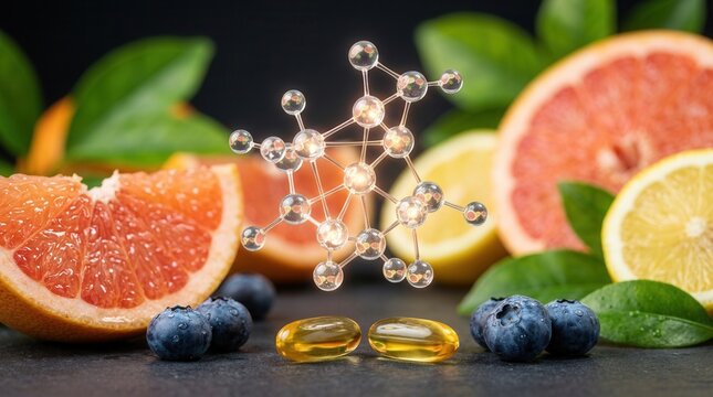 Immune system boosters featuring blueberries, citrus fruits, and molecular vitamin structures.