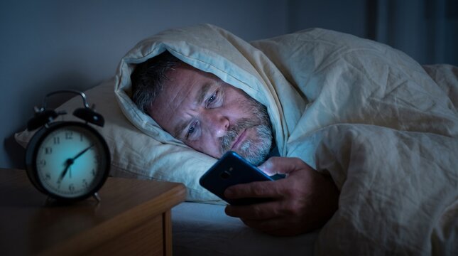 A man lies in bed, illuminated by the blue light of his phone, as an alarm clock displays the late hour. He appears tired and concerned, engrossed in his device amidst the darkness of the bedroom.