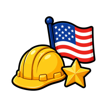 Patriotic construction illustration featuring a hard hat, American flag and star for national celebration themes