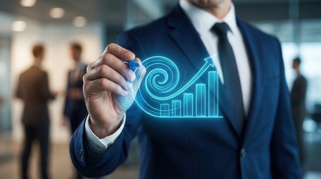 A business professional drawing a spiral growth graph to boost efficiency and sales acquisition.