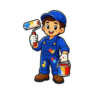 Illustration of painter using a paint roller for home renovation, decorating and professional painting work