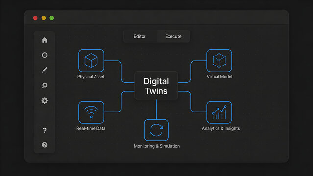 Digital twins concept diagram showing physical asset, virtual model, real time data and simulation