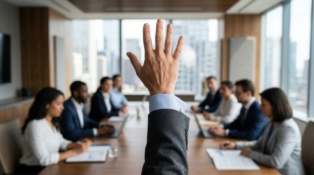 A person raising their hand to submit shareholder proposals during a corporate meeting.