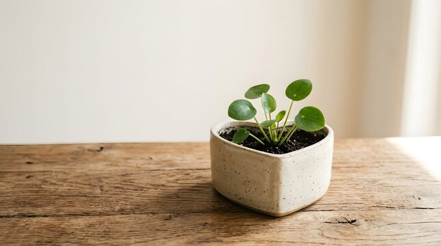 Small pilea peperomioides plant in a heartshaped ceramic pot on a rustic wooden table