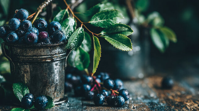 Fresh harvested blueberries in a rustic metal bucket with leaves