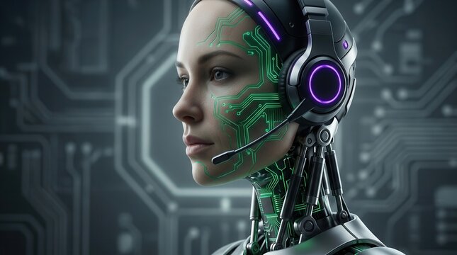 Futuristic female android head with glowing green circuit patterns and a communications headset.