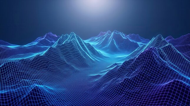 Neon topographic map of mountains in blue and purple for digital landscape exploration.