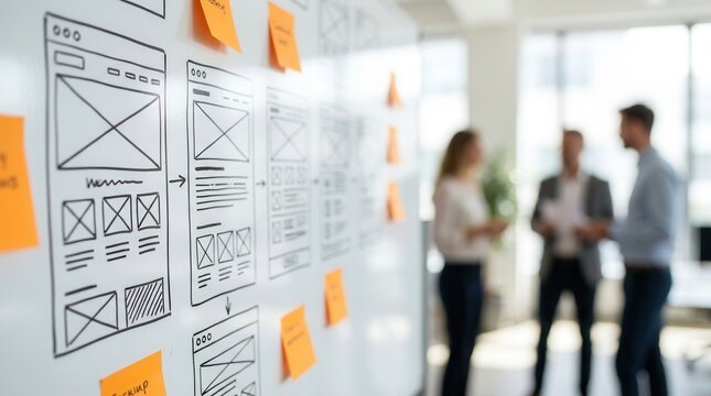 Close-up of a whiteboard featuring hand-drawn website sketches and orange sticky notes during a design process.