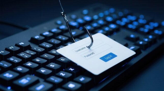 A login form hangs from a fishing hook over a keyboard, illustrating online phishing and cyber security threats.