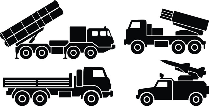 Military trucks and missile launcher vehicles solid black vector silhouettes collection