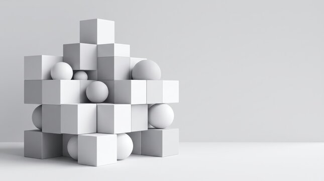 Minimalist 3D render of white geometric shapes forming a balanced structure