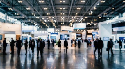 Fototapeta premium Blurred business professionals walking through a modern convention center during a corporate trade show.