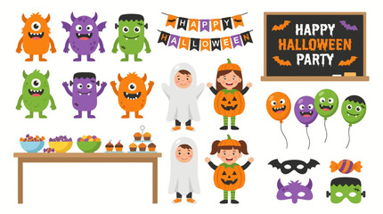 Obraz premium Happy halloween party graphic elements with cute monsters kids costumes snacks