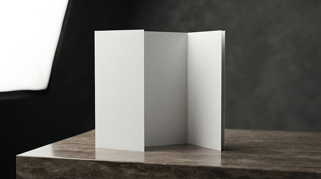 Three-panel white brochure standing on a marble surface with a soft light source pamphlet isolated on a transparent background