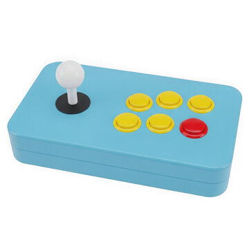 A blue arcade game controller with a joystick and buttons