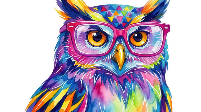 Vibrant colorful watercolor illustration of a smart wise owl wearing bright pink eyeglasses looking forward with big yellow eyes and detailed feathers painted in multiple rainbow hues