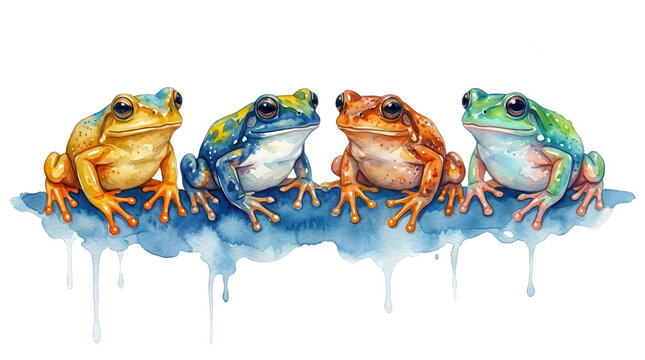 Colorful watercolor painting featuring four adorable little frogs sitting together in a row showcasing vibrant yellow blue orange and green hues with detailed artistic brushstrokes