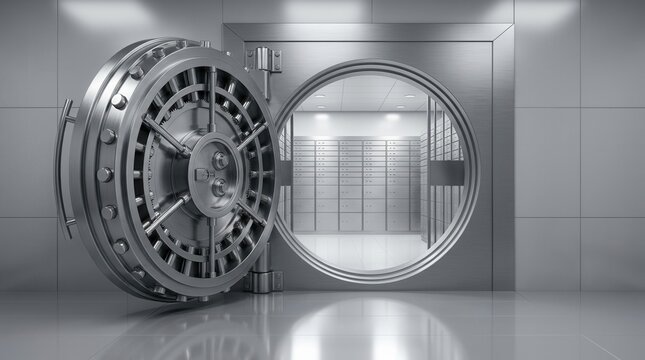 An open heavy metal bank vault door revealing a secure storage room.