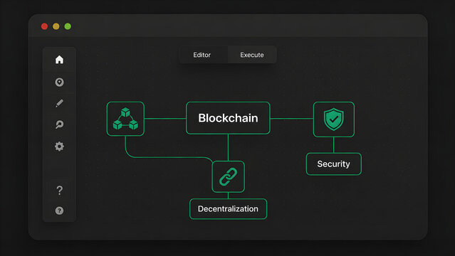 Blockchain concept diagram showing decentralization, distributed network and security nodes