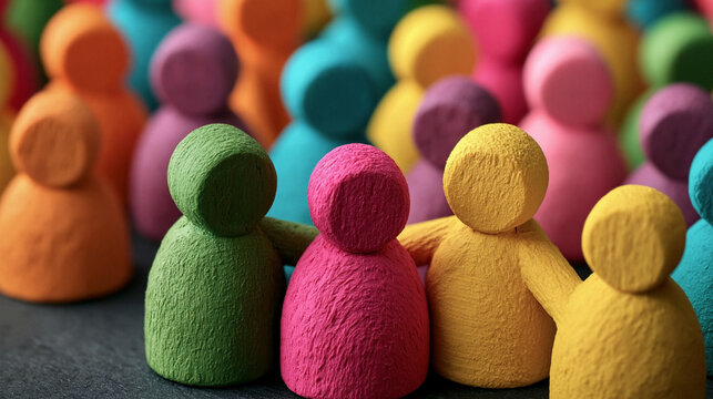 Colorful Community: A vibrant group of diverse, stylized figures stand together in unity, their different colors symbolizing inclusivity and togetherness in a cohesive community.