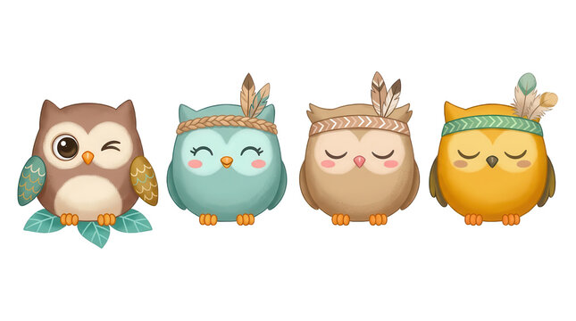 Four cute little owls wearing bohemian feather headbands and patterned accessories arranged horizontally bird animal cartoon boho cartoon character character graphic set collection