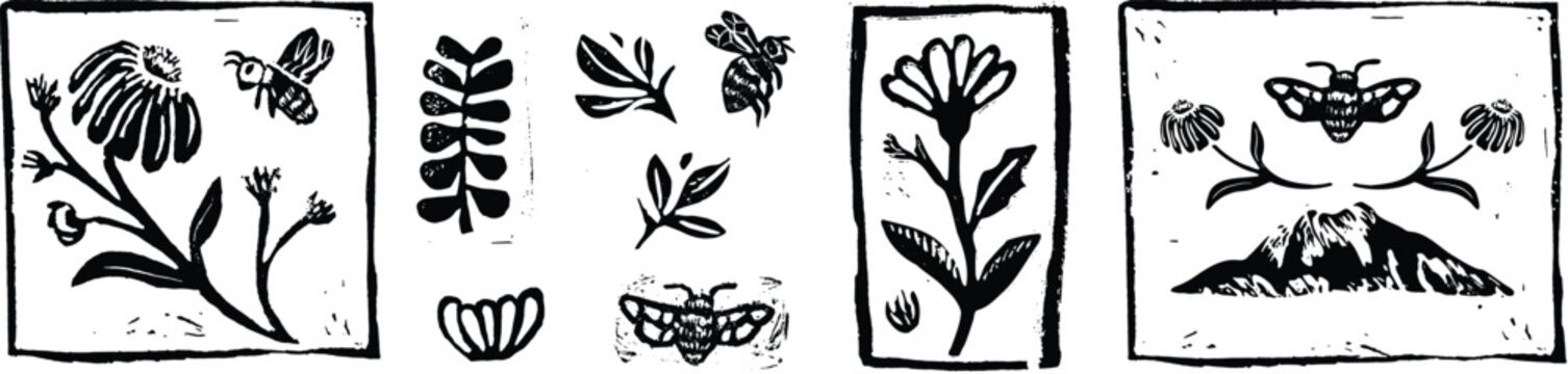 Bees and Flowers hand drawn block printed textured graphics