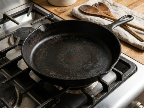 Well oiled cast iron pan on a kitchen stovetop with wooden cooking spoons