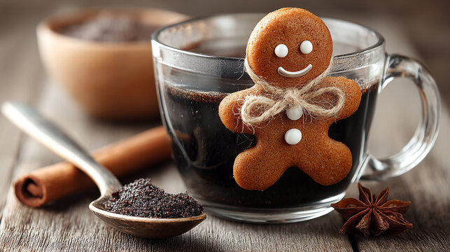 Hot beverage in a glass cup with a gingerbread cookie man sitting on the rim