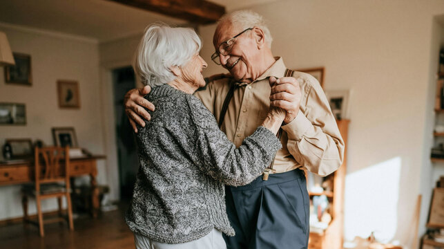 Eternal Embrace: A loving elderly couple dances joyfully, their eyes sparkling with a lifetime of shared memories, embodying enduring love and companionship within their cozy home.
