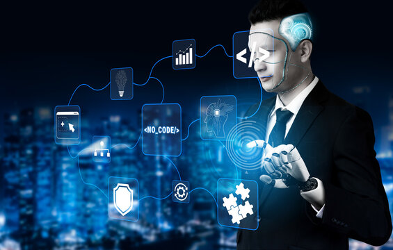 Futuristic Businessman in Suit Engaging with Technology Interface in Urban Setting at Night, Showcasing Innovation and Digital Transformation Concepts Quark.