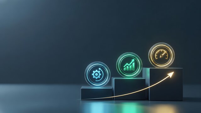 Business performance optimization showing a rising block graph with glowing gear and speedometer icons representing operational growth and efficiency