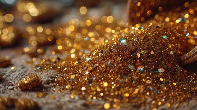 Pile of sparkling gold glitter dust on textured surface with bokeh lights
