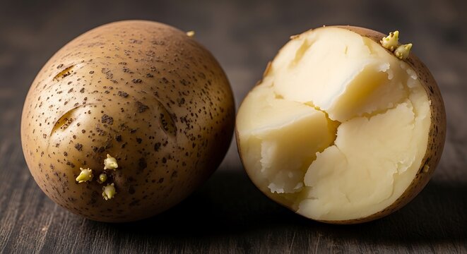 Two brown sprouted potatoes on dark rustic wooden background with potatoes