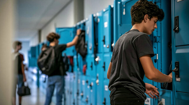 School Hallway Locker Scene: Students open and close lockers in a school hallway, accessing their belongings during a break between classes.