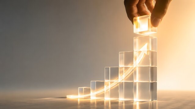 Hand stacking clear glowing glass cubes forming a rising bar chart with an upward arrow, representing business growth and strategic planning.