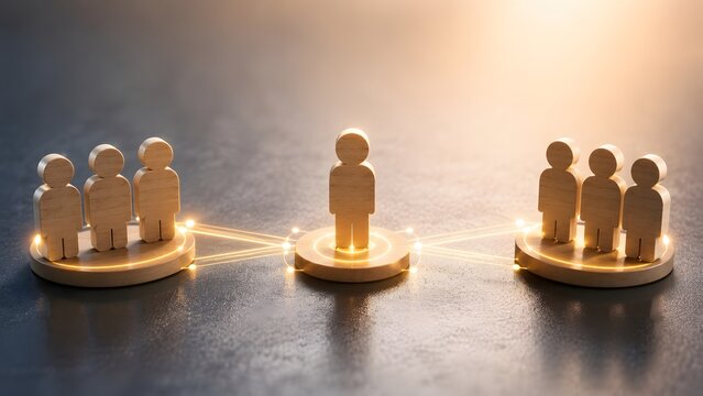 Business networking structure showing a central wooden figure connected to two team groups by glowing lines symbolizing leadership and mediation