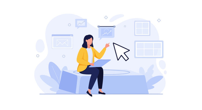 Woman Working on Laptop, Analyzing Data and Interacting with Digital Interface, Modern Flat Illustration