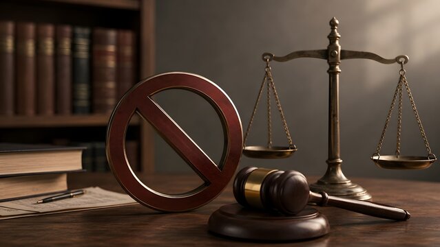 Legal prohibition concept featuring a wooden ban symbol with a judge gavel and justice scale representing regulatory compliance and restriction