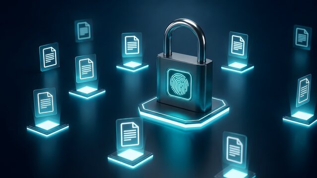 Secure file sharing system featuring a digital padlock with biometric fingerprint protecting glowing document icons in a virtual environment