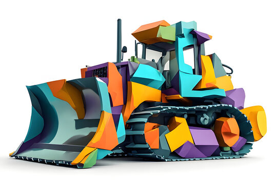 Vibrant Abstract Geometric Bulldozer Construction Vehicle Illustration with Colorful Multi-faceted Low Poly Machinery Design on White Background