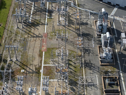 Ferntree Gully, Victoria, Australia - 24 August 2026: Aerial view of Ferntree Gully Zone Substation with electrical transformers, high voltage equipment, and metal structures.